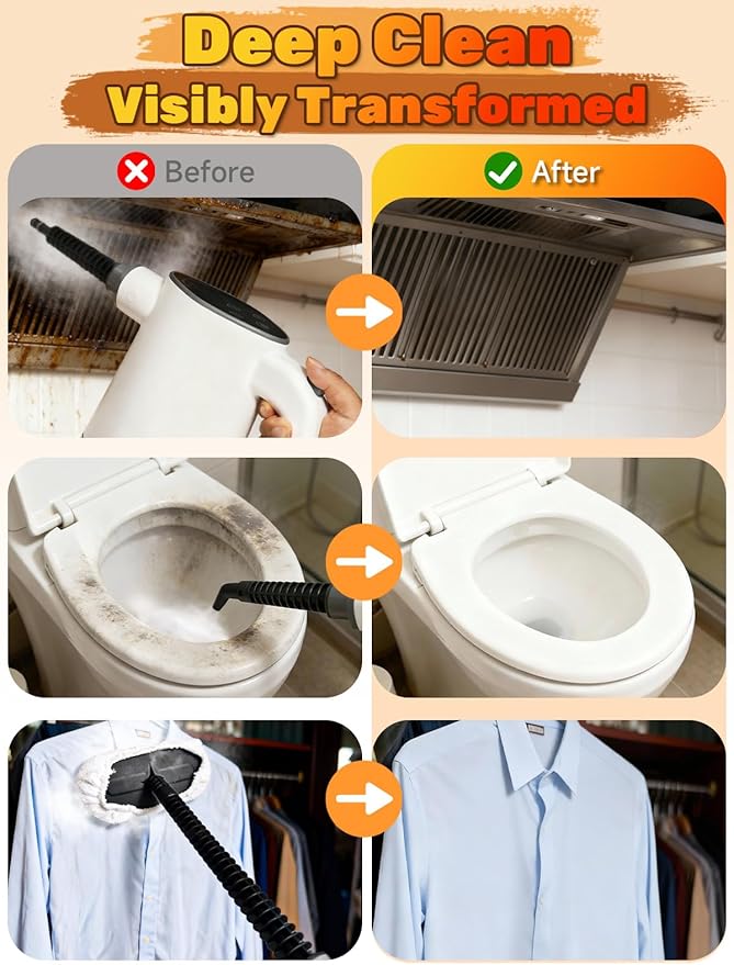 Killrose Handheld Steam Cleaner Pressurized Steam Cleaner with 10–15s Fast Heat Dual Power Modes &amp Self-Clean Multi-Surface Steamer with 12 Accessories for Kitchen Bathroom Car