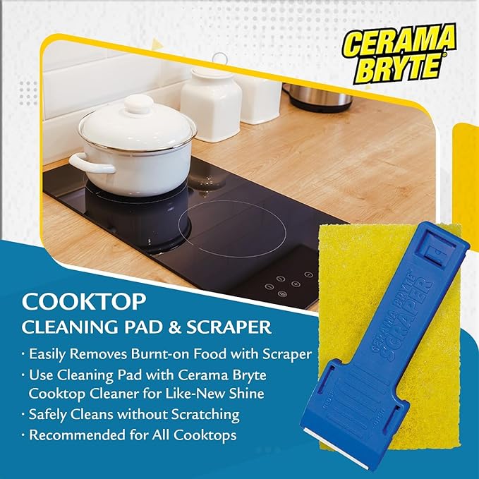 Cerama Bryte Best Value Kit: Ceramic Cooktop Cleaner 28oz Scraper 10 Pads Burnt-on Grease Remover 2oz 4 Piece Set