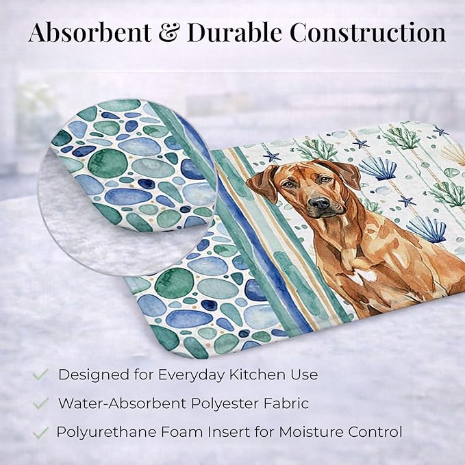 Caroline's Treasures Rhodesian Ridgeback Coastal Sea Glass Dish Drying Mat Absorbent Dish Drying Mat Pad for Kitchen Counter Dish Drainer Mat for Countertop 14 x 21 Multicolor