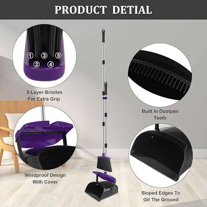 Broom and Dustpan Set 51 Long Handle Broom with Dustpan Combo Set Windproof and Self-Cleaning Teeth Purple Household Dust Pan Set Sweep Kitchen Office Lobby Pet Room