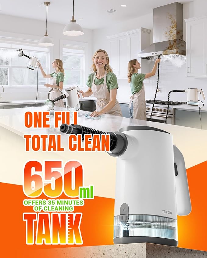 Handheld Steam Cleaner 15s Fast Heating Adjustable Steam 650mL Large Water Tank Pressurized Portable Steamer for Cleaning Home Kitchen Car Bathroom Tile Furniture Multi-Surface