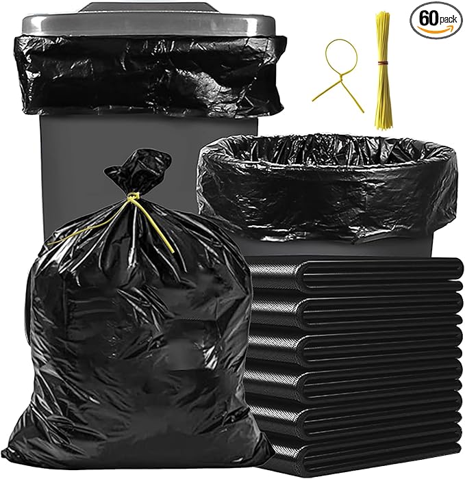 LORIBEN 55 Gallon Trash Bags Black Heavy Duty Outdoor Garbage Bags 60 Count with tying ropes