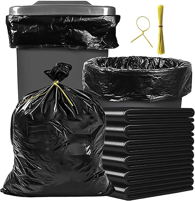 LORIBEN 55 Gallon Trash Bags with tying ropes 60 Count Black Heavy Duty Outdoor Garbage Bags 55 Gallons Waste Bag