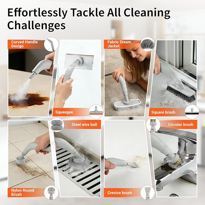 Steam Cleaner for Home - Portable Handheld Steamer for Cleaning With 15s Heat-UP 0.78 Quarts Tank9 Accessories - Clean GreaseAutomotive wheels and interior trimGrout Tile Floor Couch Carpets
