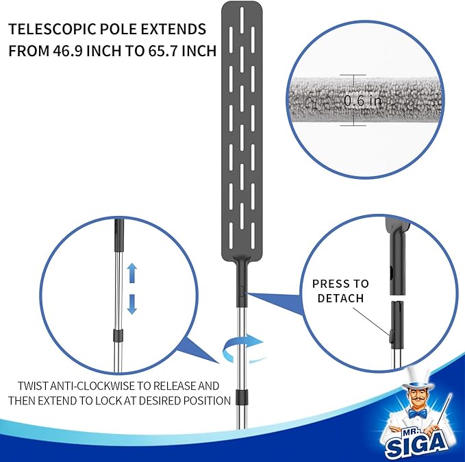 MR.SIGA Flexible Microfiber Long Duster for Gap Cleaning Stainless Steel Adjustable Handle Washable Gap Cleaning Duster Gray