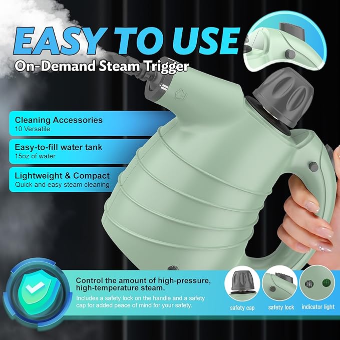 Handheld Steam Cleaner for Home High-Pressure Chemical-Free Steamer with 10 Accessories for Deep Cleaning and Less Scrubbing on Kitchen Grease Bathroom Tile Grout Floor and Couch(Green)