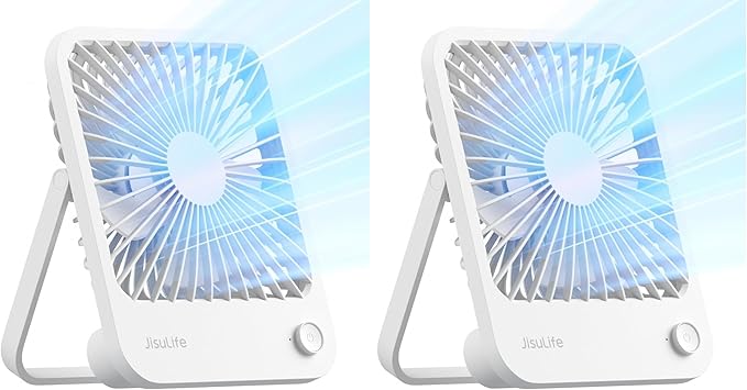 JISULIFE Desk Fan Battery Rechargeable 4500mAh 180°Foldable Portable Personal Fan 4 Speeds Adjustable Long Battery-life for Home Office Travel Outdoor Gifts for Women Men-White (Pack of 2)