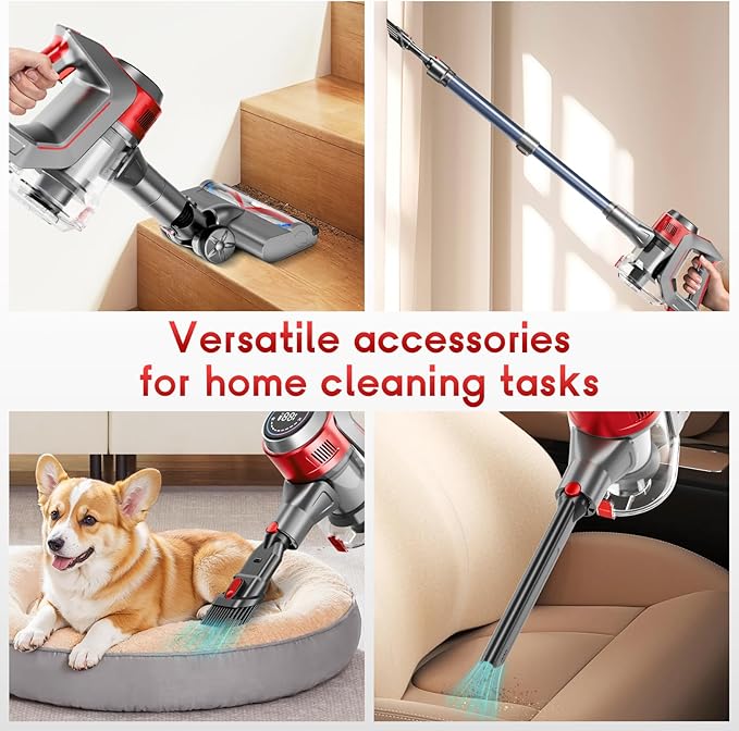 Cordless Stick Vacuum Cleaner - Rechargeable 35Kpa Powerful Vacuums with Detachable Battery LED Display 45Mins Runtime 8 in 1 Handheld Vacuum for Hardfloor &amp Carpets Pet Hair Red
