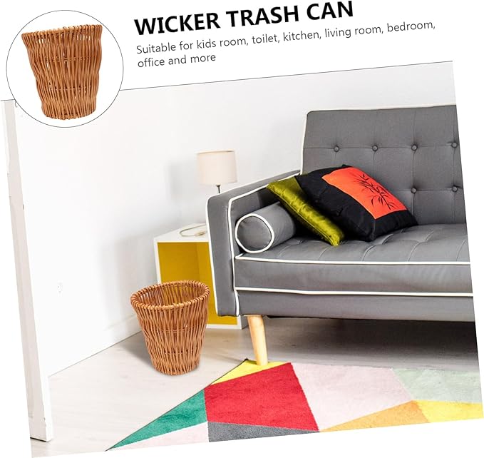 Unomor 1pc Woven Wastebasket Rattan Trash Can for Bathroom Bedroom Office Compact Design Stylish Decorative Storage Container Natural Diameter Height