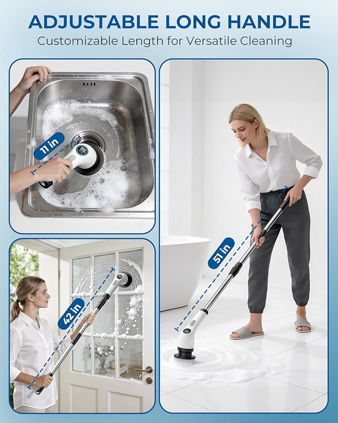Electric Spin Scrubber Rechargeable with Upgraded Battery &amp Extended Runtime IPX7 Cleaning Brush 3000mAh Battery 7 Brush Heads 2-Speed Adjustable Long Handle for Bathroom &amp Tile Floor Clean