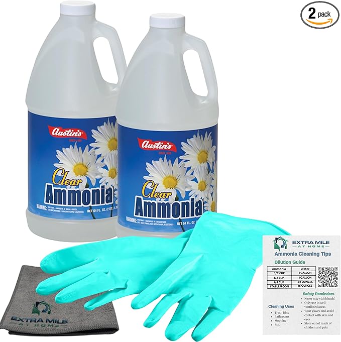 Clear Ammonia Cleaning Kit – 2 x 64oz Bottles with Gloves Microfiber Cloth &amp Usage Guide – Odor Neutralizer Degreaser &amp Laundry Booster