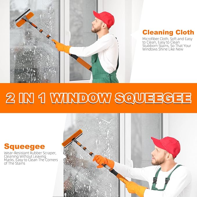 30FT Reach High Ceiling Duster Kit Window Cleaning kit with 5-24FT Extension Pole Fan Duster for Ceiling Fan Blades Microfiber Feather Duster Window Squeegee Bucket and Cobweb Duster
