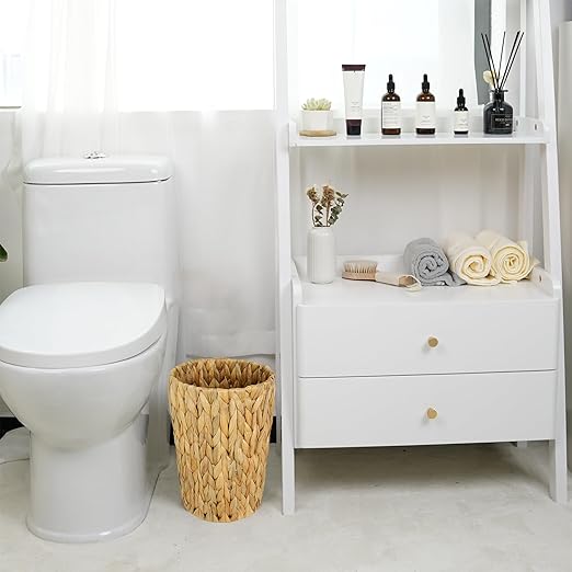 Small Wicker Trash Can Small Bathroom Trash Can Boho Waste Basket for Bedroom Home Office Water Hyacinth Wicker Waste Basket for Bathroom Compact Spaces (Round 2 Gallon)