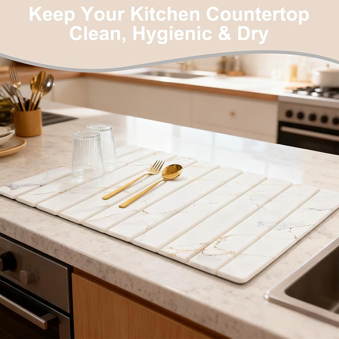 Stone Drying Mat for Kitchen Counter 24x16 Inch Foldable Diatomaceous Earth Stone Sink Fast Absorbing Dish Drying Mats for Dishes Bottles Cups Match any Countertop (White 24x16 Inch)