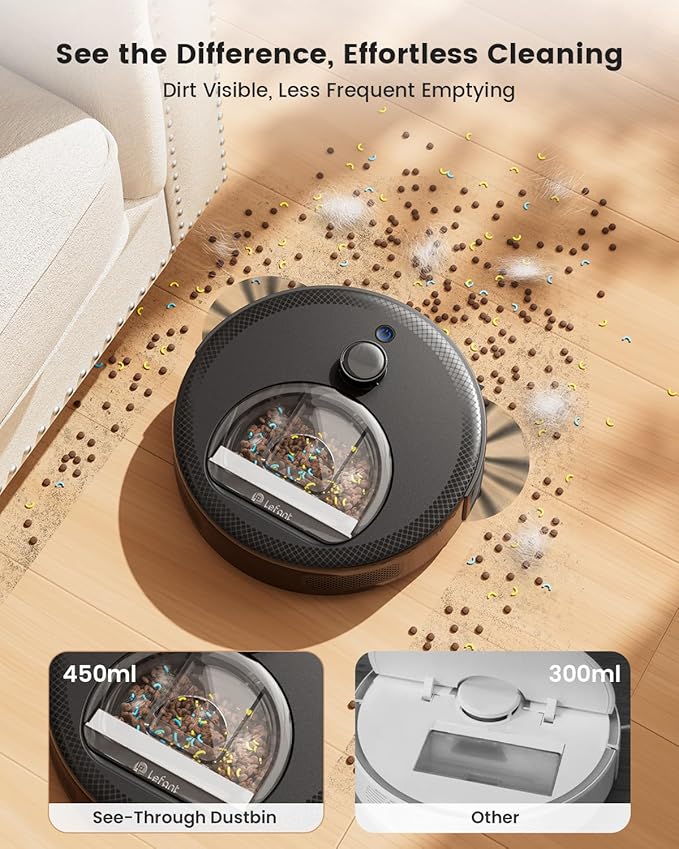 Lefant LiDAR Robot Vacuum and Mop 450ml Visible Dustbin Upgraded 190° PSD Obstacle Avoidance Customized Cleaning Multi-Floor Mapping 150 Mins Runtime 2.4G/5G WiFi Pet Hair &amp Carpets M330 P