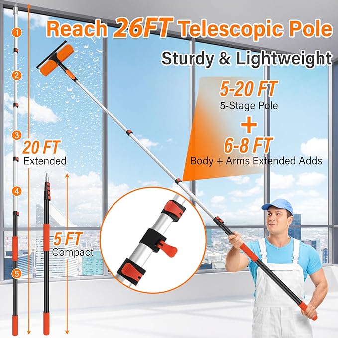 26FT High Reach Duster Cleaning Kit with 5-20 FT Extension PoleHigh Ceiling Dusting and Window Cleaning Kit with Microfiber Feather DusterCobweb DusterCeiling Fan DusterWindow Squeegee Cleaner