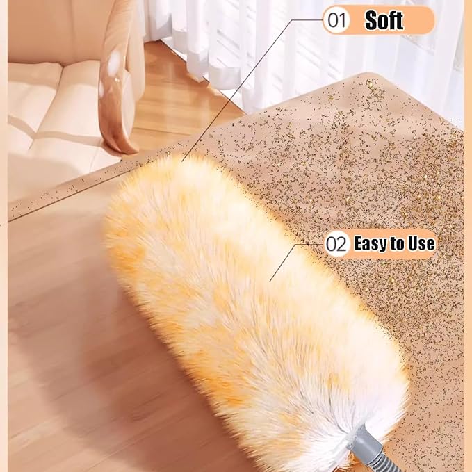 Feathers Duster 97 Long Telescoping Lambswool Duster with Bendable Wool Head - Ultra-Thick Stainless Steel Extension Pole for Cleaning