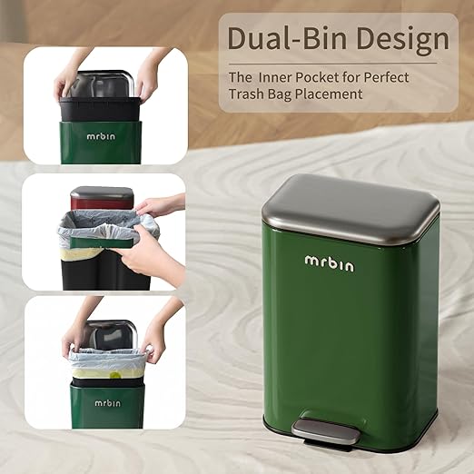 MRBIN Bathroom Trash Can with Lid Metal Step Kitchen Waste Basket Touchless Soft Close 20L / 5.2gal Rectangle Garbage Bucket with Stainless Steel Pedal for Office Bedroom Accessories Green