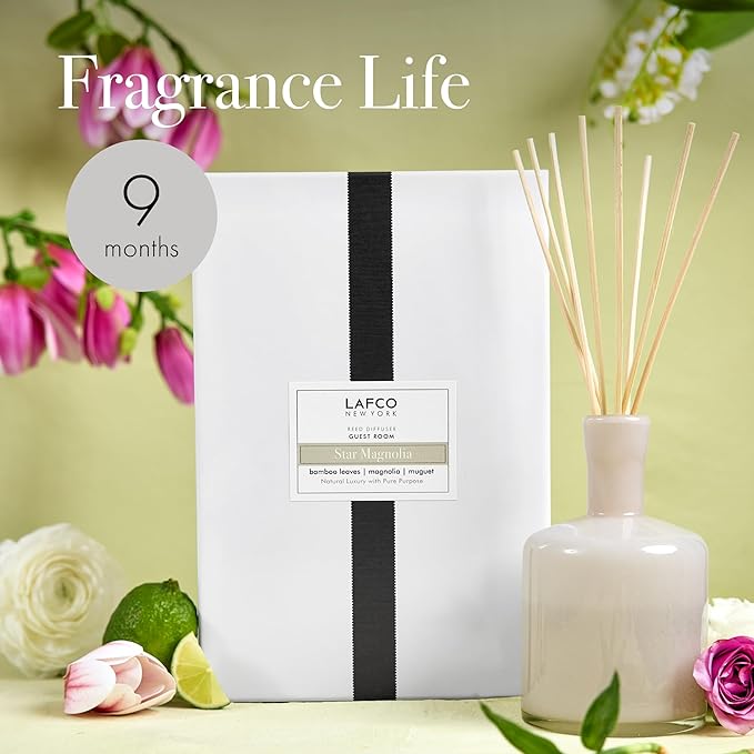 LAFCO New York Signature Reed Diffuser Star Magnolia - 15 oz - Up to 9 Months Fragrance Life - Reusable Hand Blown Glass Vessel - Natural Wood Reeds - Made in The USA