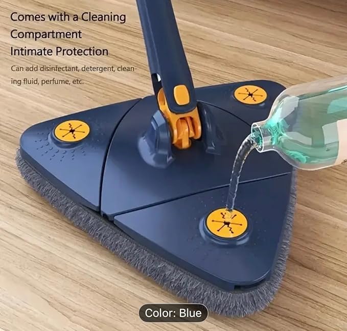 Triangle Spin Mop with Cleaning Compartment Blue 3-in-1 Floor Cleaner High-Reach Extension Handle Detergent Storage System