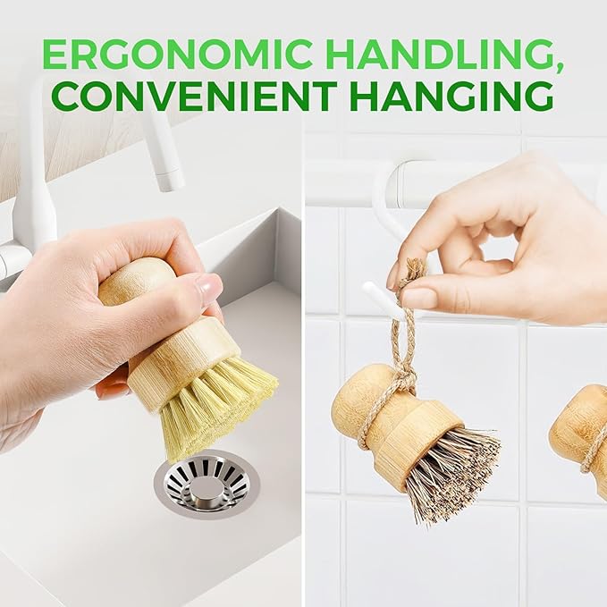 Bamboo Dish Brush Set of 3 - Natural Wooden Dish Scrubber w/Medium Stiff Sisal &amp Coconut Bristles - Kitchen Scrub Brush for Dishes Pots &amp Pans - Plastic Free Non Scratch Bristles