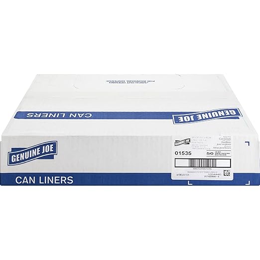 Genuine Joe GJO01535 Heavy Duty Low-Density Puncture Resistant Can Liner 60 gallon Capacity 56 Length x 39 Width x 1.50 mil Thickness Black (Box of 50)