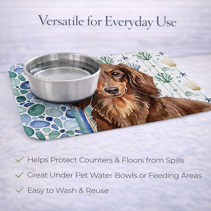 Caroline's Treasures Longhaired Chocolate and Tan Dachshund Coastal Sea Glass Dish Drying Mat Absorbent Dish Drying Mat Pad for Kitchen Counter Dish Drainer Mat for Countertop 14 x 21 Multicolor