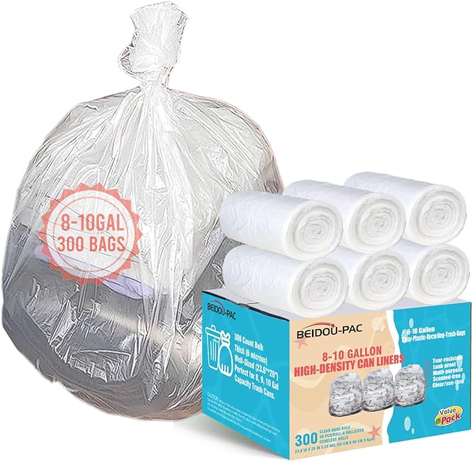 8-10 Gallon Trash Bags 300 Count Unscented Clear Plastic Recycling Bags