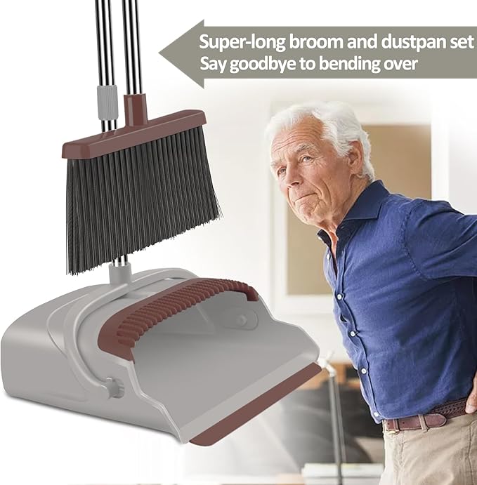 kelamayi Upgrade Broom and Dustpan Set Self-Cleaning with Dustpan Teeth Ideal for Dog Cat Pets Home Use Super Long Handle Upright Stand Up Broom and Dustpan Set (Brown)