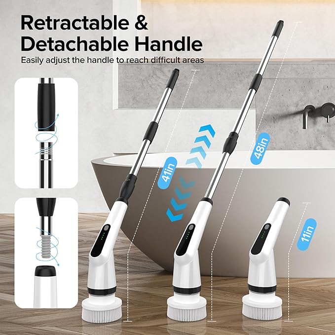 Electric Spin Scrubber Dreazu IPX7 Shower Scrubber with 7 Replaceable Brush Heads &amp Retractable Handle 2-Speed Adjustable Shower Cleaner for BathroomToilet Bathtub Kitchen Tile Floors