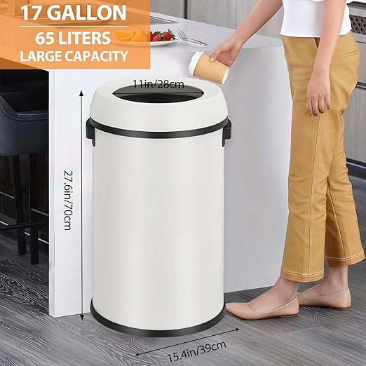 GarveeHome 17 gal/65 L Open Top Trash Can Stainless Steel Rubbish Bin Commercial Grade Waste Container Round Garbage Can for Outdoor Home Office Restaurant White