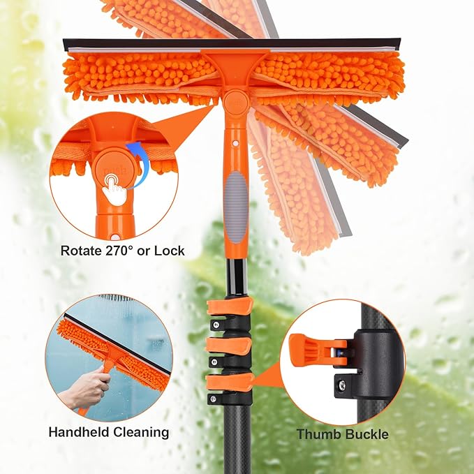 Window Washing Kit with Extension Pole 4.7 to 24FT Long Squeegee for Window Cleaning Indoor Outdoor Carbon Fiber Telescopic Pole for Window Cleaner Tool with Microfibre Pad &amp Chenille Cloth