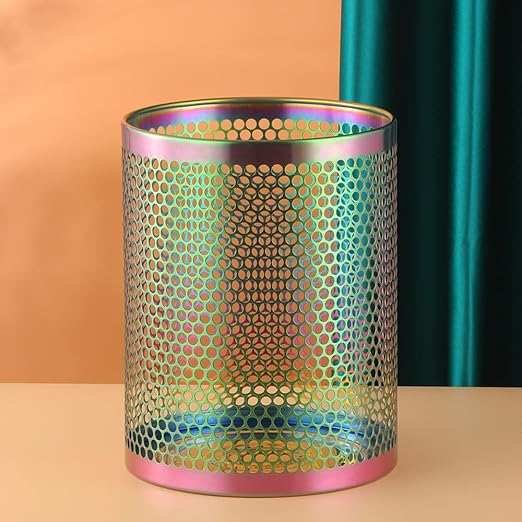 Mesh Wastebasket Round Mesh Stainless Steel Wastebasket Trash Can Recycling Bin for Home Office Bathroom Bedroom &amp Kitchen 3.5 Gallon / 12L 11 H x 10 D Garbage Can -Rainbow Color