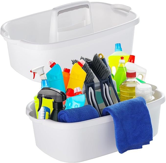 2-Pack Large White Cleaning Caddy for Cleaning Supplies with Handle - Portable Plastic Tote Organizer for Shower Bathroom Kitchen Under Sink Storage