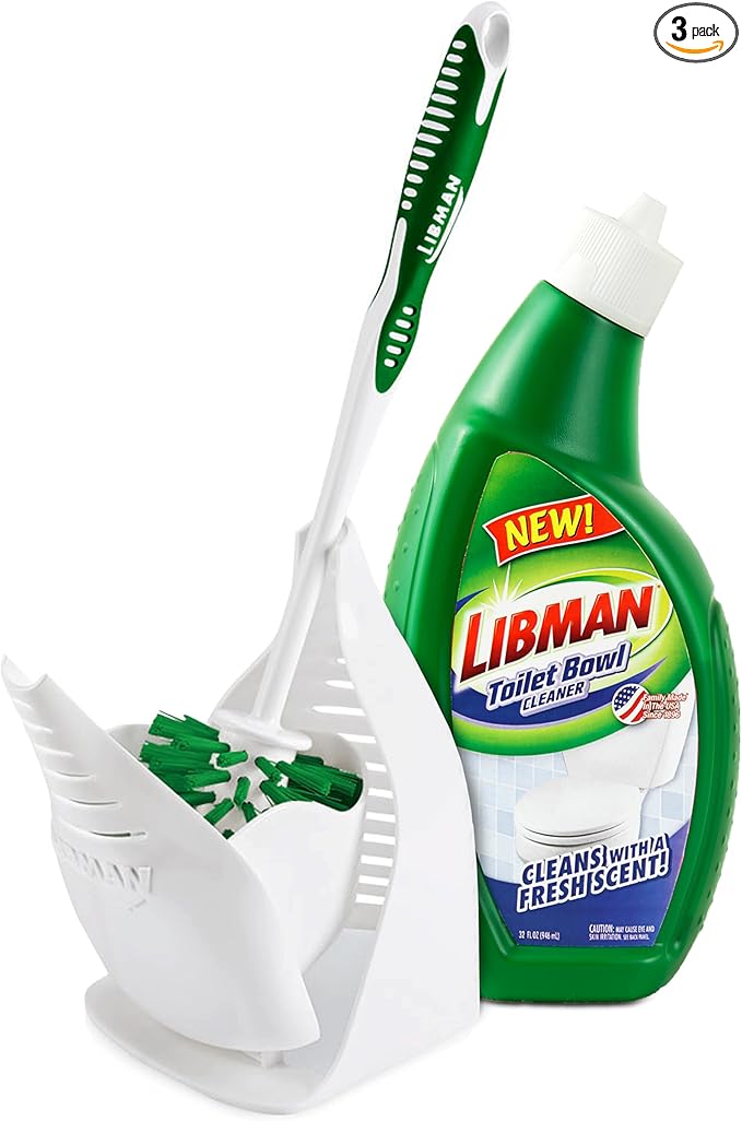 Tribello LIBMAN Toilet Brush and Holder Set with Toilet Bowl Cleaner - Bathroom Cleaner Set - Bathroom Cleaning Supplies - Includes: Bowl Brush Fast Drying Caddy 32 fl. oz. Stain Remover Soap