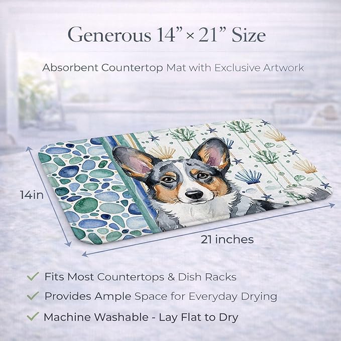 Caroline's Treasures Blue Merle Cardigan Welsh Corgi Coastal Sea Glass Dish Drying Mat Absorbent Dish Drying Mat Pad for Kitchen Counter Dish Drainer Mat for Countertop 14 x 21 Multicolor