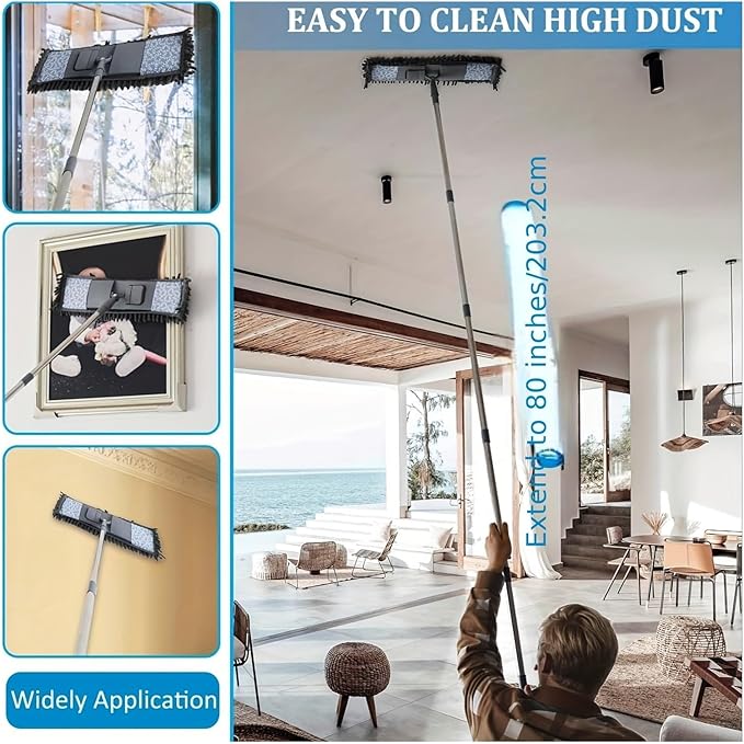 Long Handle Mop Extendable Splicing Rod Dry &amp Wet Rotating Wall Dust Cleaning Brush Ceiling Cleaner Household Tools(Grey-1cloth 5rod)