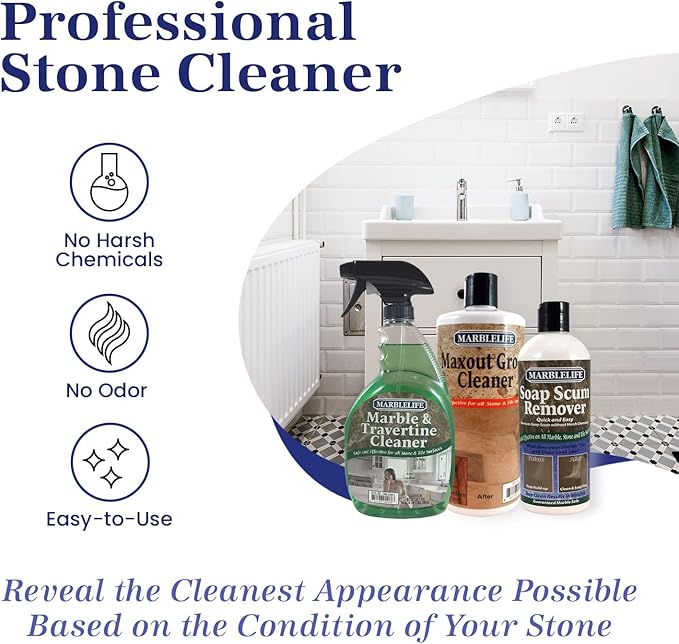 Marblelife Bathroom Combo Kit With Marble &amp Travertine Cleaner MaxOut Deep Grout Cleaner for Tile Floors Soap Scum Remover For Shower &amp Other Surfaces Includes A Cleaning Cloth