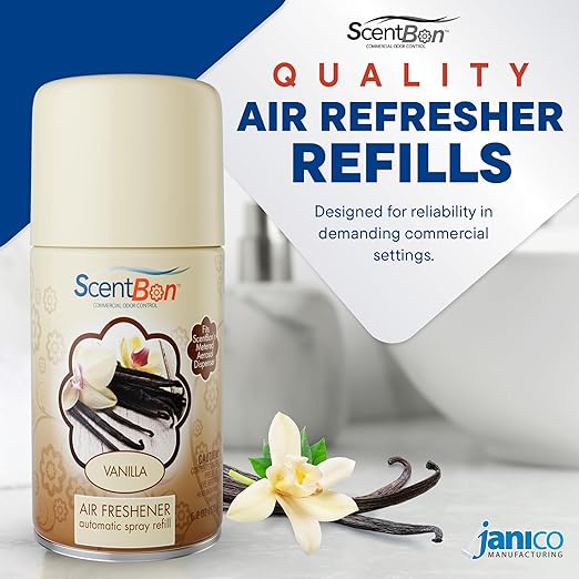 Metered Air Freshener Refills for Aerosol Dispenser – Vanilla Scent – 6.2 oz – 12 Pack – Automatic Air Freshener Spray Refill – Commercial Aerosol Deodorizer for Office Bathroom Gym Businesses
