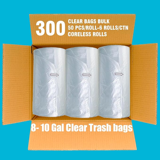 Trash Bags 8-10 Gallon 300 Count Bulk Clear Plastic Recycling Bags Multi-purpose Garbage Bags Can Liners for Business Home Kitchen Commercial and Industrial