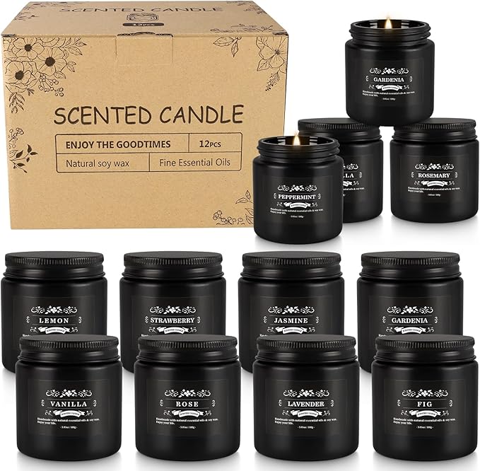 Scented Candle Set 12 PackBlack Candle for Home Scented Odor Eliminating Stress Relief Long Lasting Soy Wax Gift Set