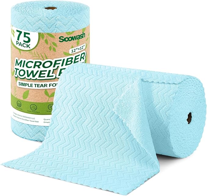 Microfiber Cleaning Cloths Roll 75 Pack Tear Away Microfiber Towels Roll 12 x 12 Lint Free Rags Reusable Cleaning Cloths Washable Scratch FreeUltra Absorbent Dish Rags(Blue Ripple)