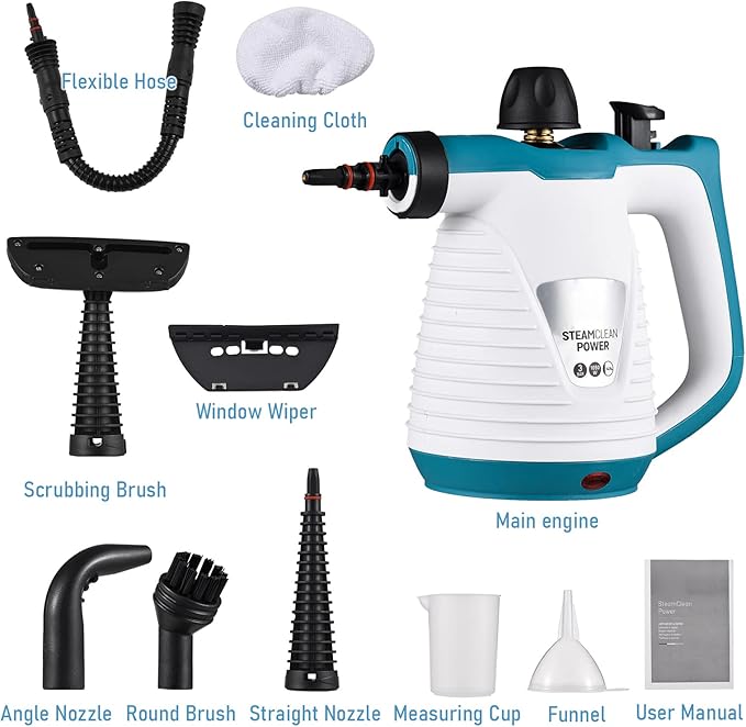 Handheld Steam Cleaner 1050W High Temperature Pressurized Steam Cleaning Tool with 9PCS Accessory Portable Multifunction Steamer for Kitchen Sofa Bathroom Car Window