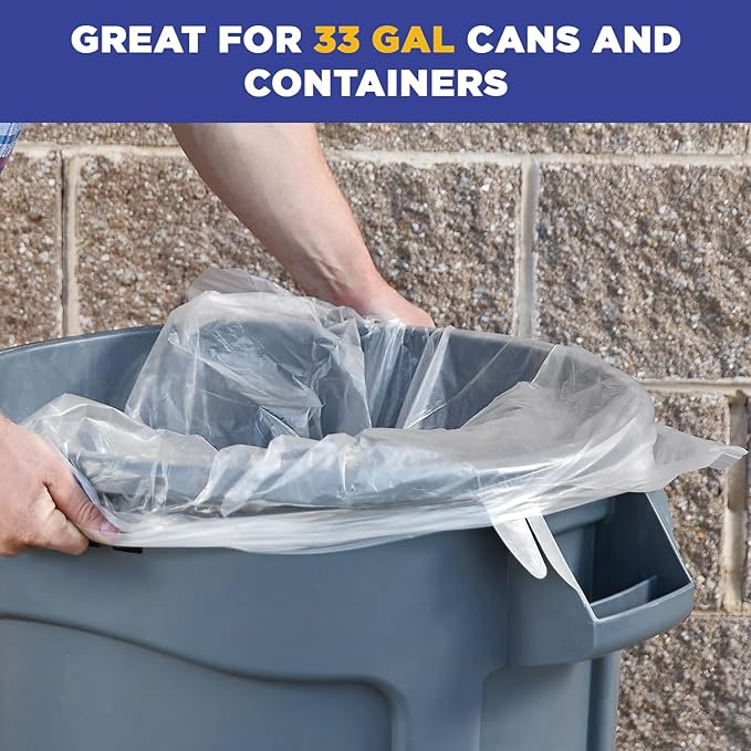 (100 Pack) 30-33 Gallon Trash Bags 1.5 Mil Heavy Duty Fits Round and Square 30-33 gal Trash Cans 33 x 39 Garbage Trash Can Liners (Clear)