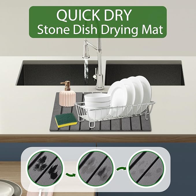 Stone Dish Drying Mat for Kitchen CounterLarge Dark Gray Foldable Diatomaceous Earth Dish Drying MatQuick-Dry Absorbent Bath &amp Countertop Stone Dishes Mats for Dishes Bottles Cups 23x15.3