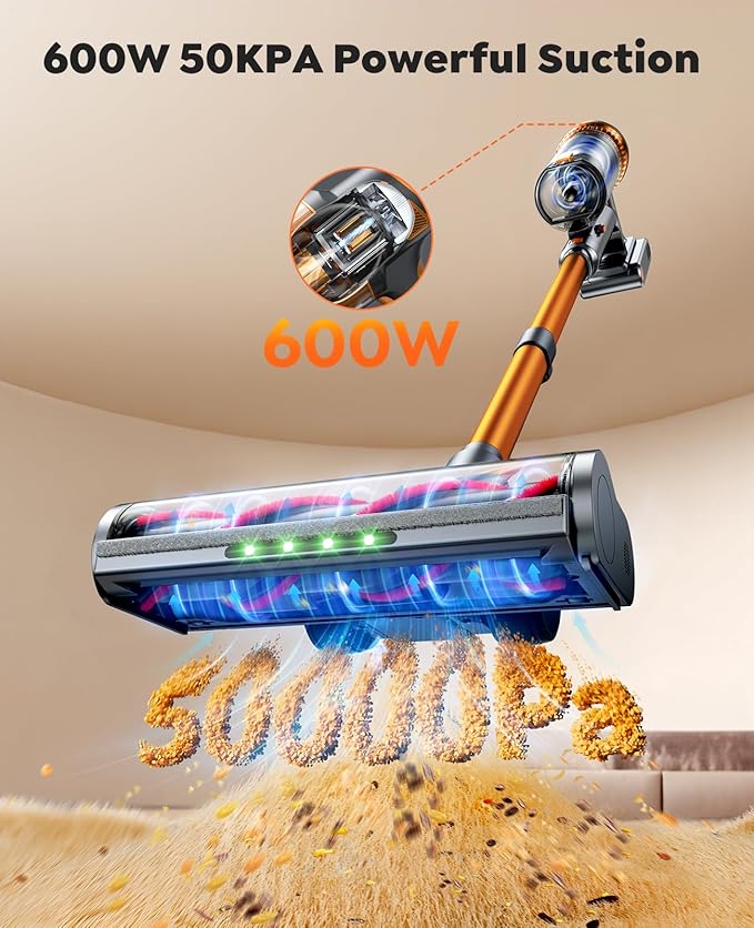 Cordless Vacuum Cleaner600W 50KPa 65Mins Vacuum Cleaners for HomeStick Vacuum with LED Touch ScreenWall Mount ChargingSelf-Standing Cordless Vacuum for Pet Hair/Carpet/Hard Floor/Car