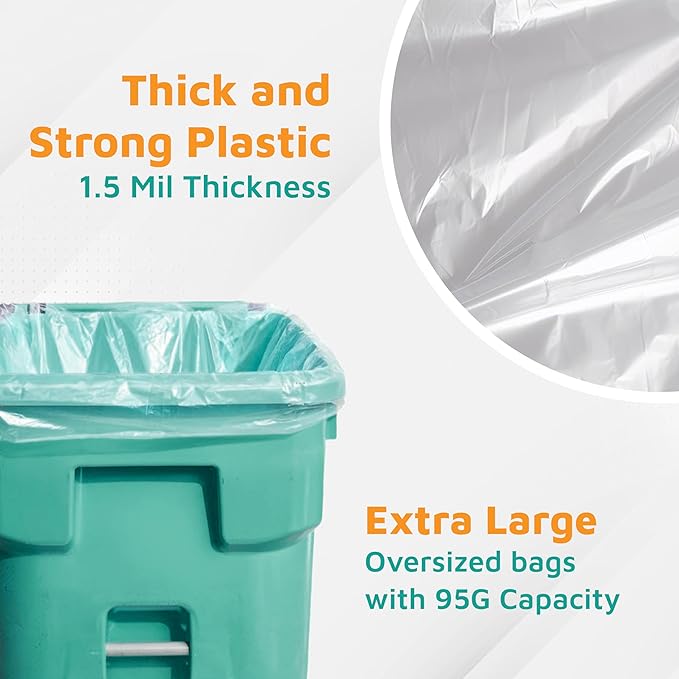 PlasticMill Heavy Duty Trash Bags - Clear Garbage Bags - Plastic Rubbish Sacs for Large Rolling Trash Bins - Tall Plastic Bags - 95-Gallon Large Kitchen Trash Bags 1.5 Mil 61x68 (30-Count)