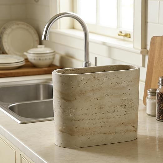 Natural Travertine Textures Mini Trash Can Small Counter Rectangle Trash Can for Bathroom Kitchen Table Desk Tiny Waste Basket for Vanity - Silicone Pad Anti Scratch Non-Slip (Made of Resin)
