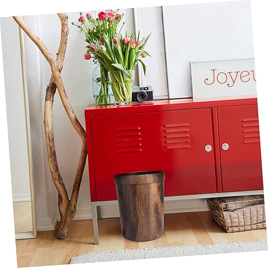 Healifty Vintage Wood Grain Trash Can Large Round Wastebasket for Bedroom Kitchen Living PP Material with Bag Holder Home Office Container