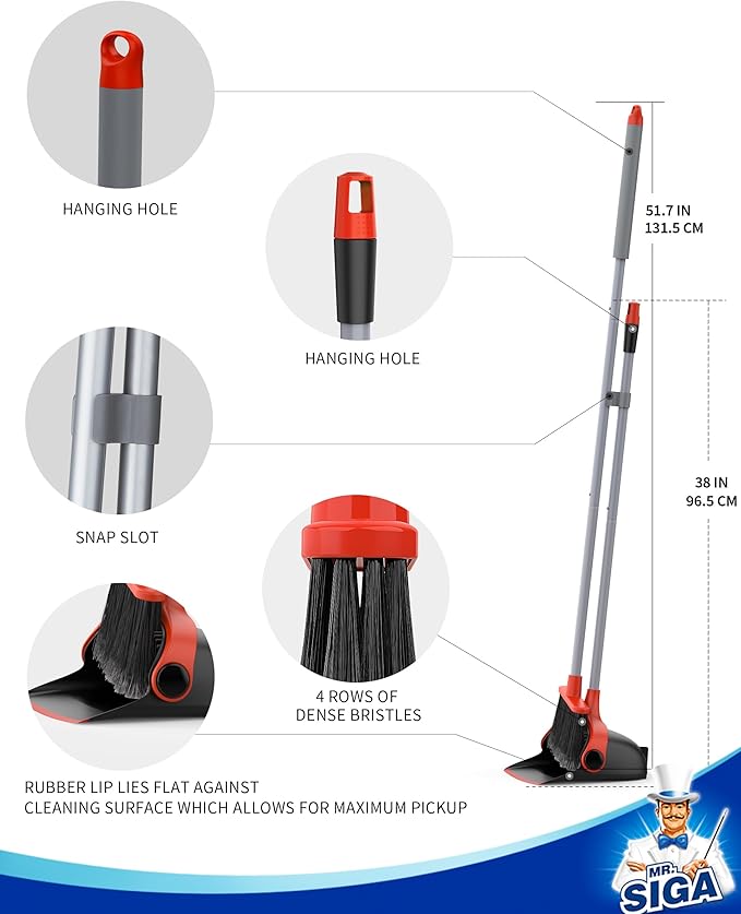 MR.SIGA Broom and Dustpan Set with Long Handle Stand Upright Broom with Dustpan Combo for Floor Cleaning Lightweight Sweeping Set for Indoor and Outdoor Use 51.7(131 cm) Long Handle Black &amp R